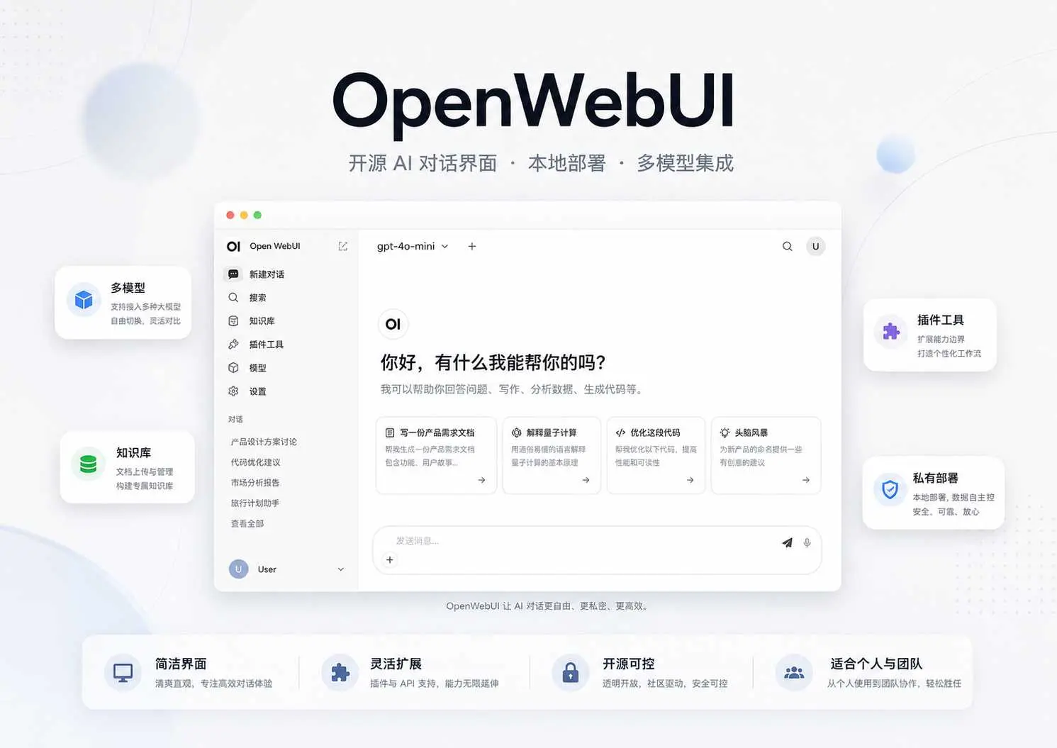 OpenWebUI（原名 Ollama WebUI） 是一个开源、自托管、隐私优先的 AI 聊天界面与平台